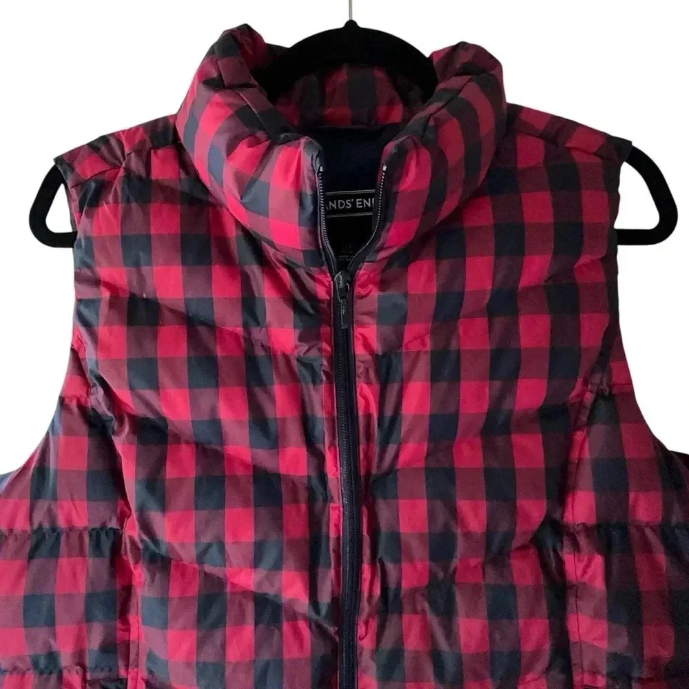 LANDS’ END NWOT DOWN VEST NAVY & RED BUFFALO PLAID POCKETS | SIZE: L / PETITE